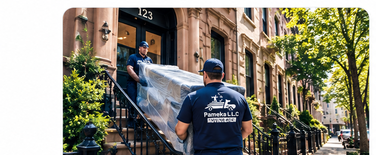 Equipo de mudanza cargando cajas en el pasillo de un apartamento