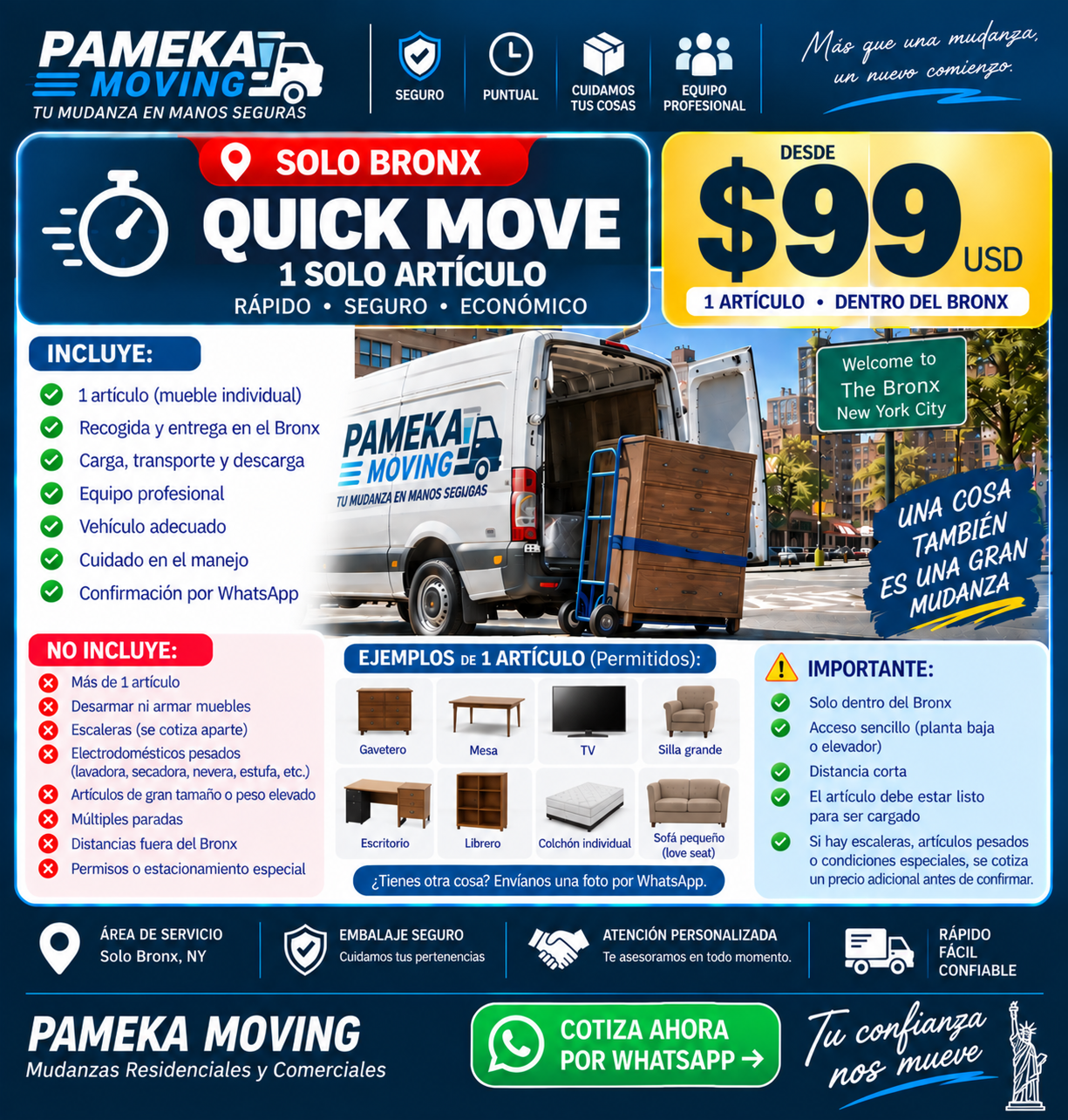 Flyer oficial Quick Move: un artículo dentro del Bronx desde $99