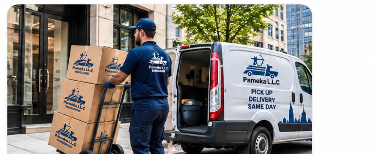 Persona cargando cajas en una van de reparto frente a una puerta